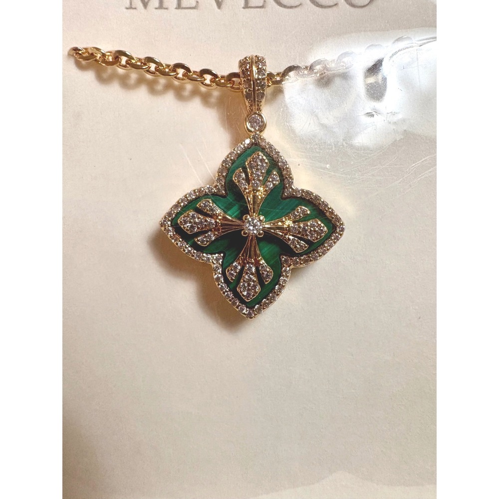 Mevecco Gold Green Malachite Quatrefoil Pendant Necklace Cubic Zirconia Accent